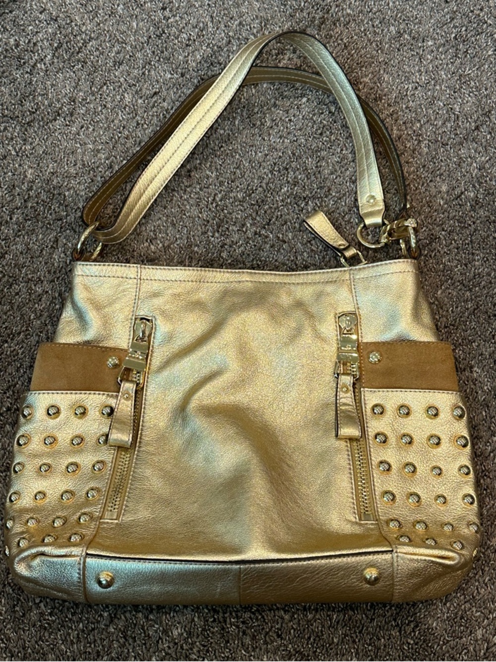 NWOT B. Makowsky Metallic Gold Leather Studded Hobo Bag - Boho Rocker